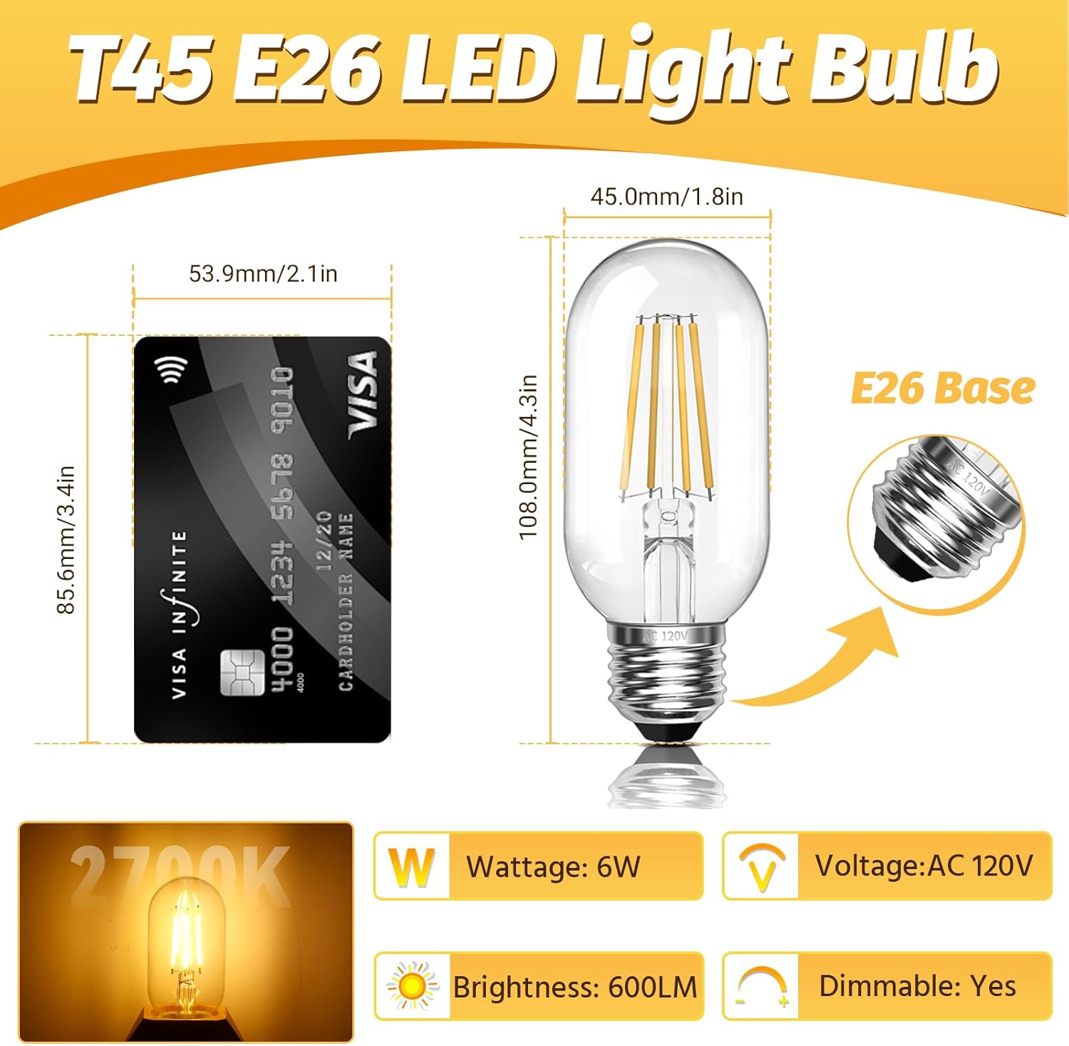 Dimmable Vintage E26 6W LED Edison Bulbs 60W Equivalent 600 Lumens 2700K Warm White CRI90 T45 Antique LED Bulb Clear Glass for Chandeliers,Pendant,Wall Sconces 2 Packs