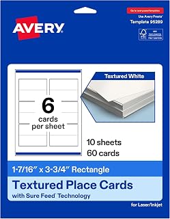 Avery Printable Rectangle Place Cards, Sure Feed Technology, 1-7/16" x 3.75", Textured Matte White, Print-To-The-Edge Capability, Laser & Inkjet Compatible, 60 Total