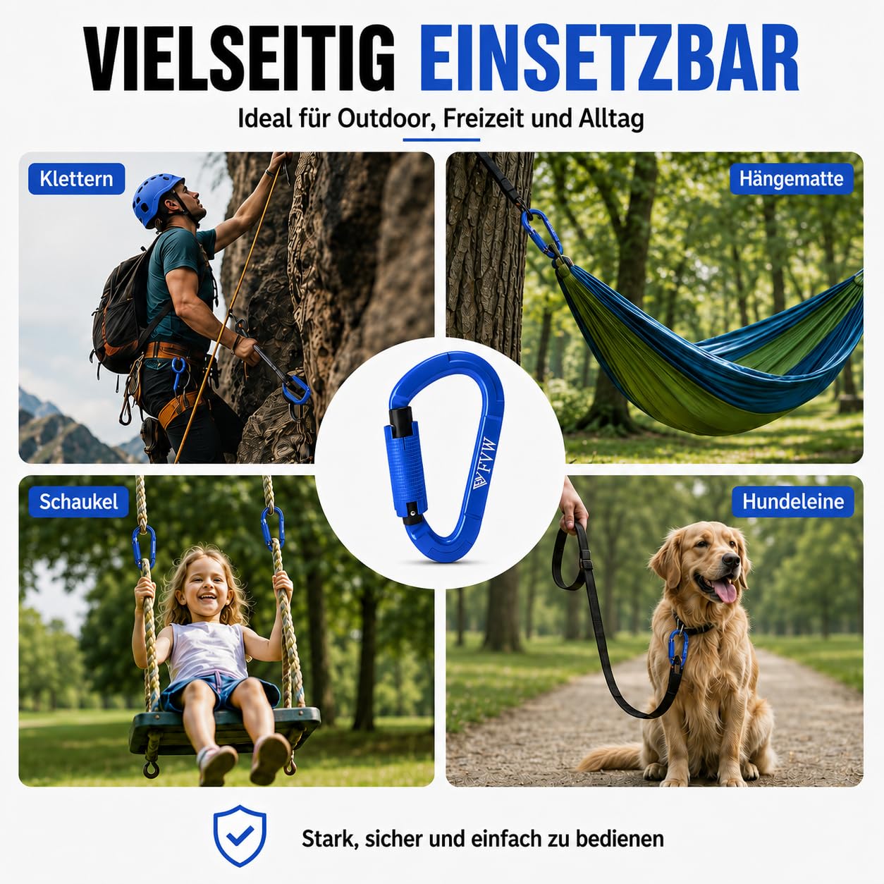 Mosquetón escalada equipo de escalada, 10 unidades con certificado UIAA 25KN Auto Locking Clips para hamacas, columpios, Locking Correa y arnés para perros, camping, senderismo y utilidad (azul)
