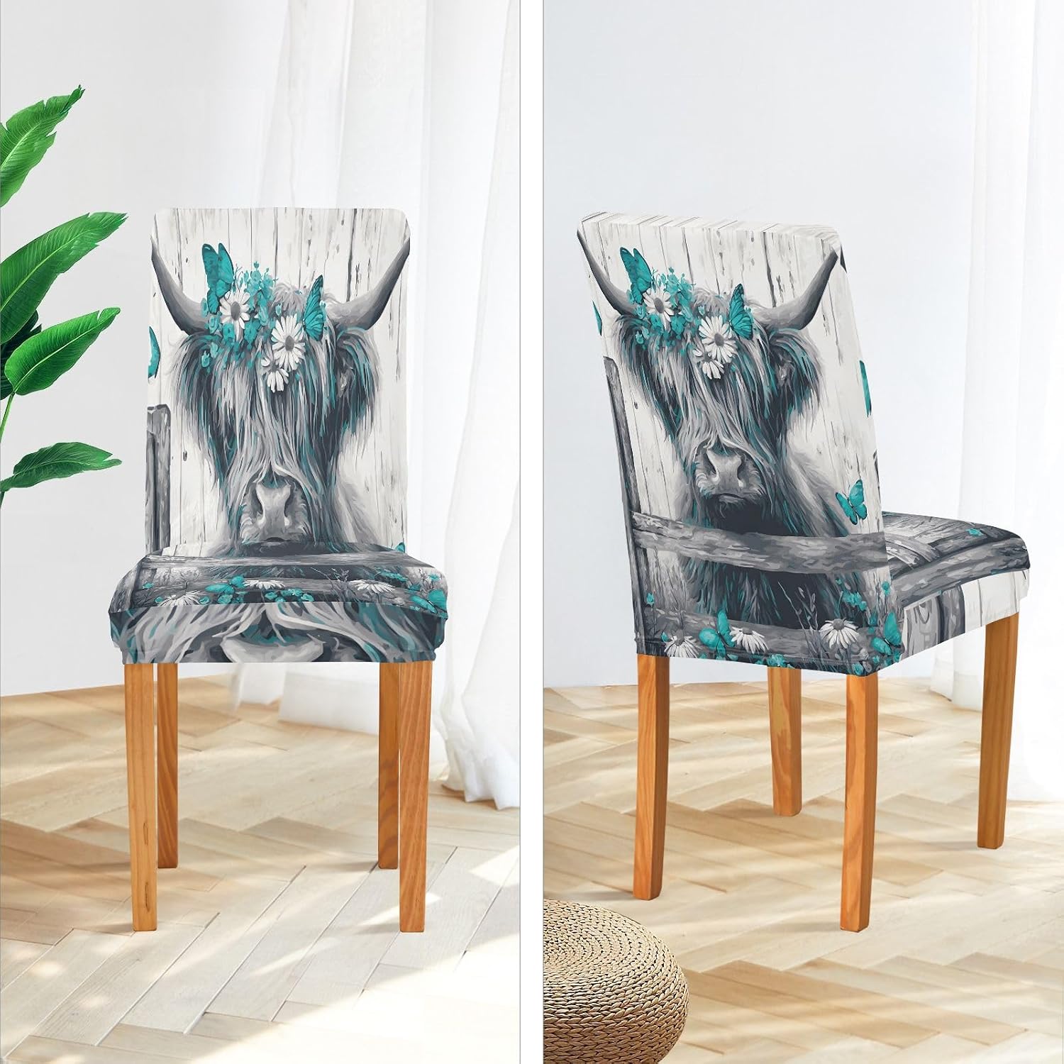 ALAZA Chair Covers for Dining Room, Highland Cow with Blue Butterflies White Daisies Stretch Chair Cover Sets Chair Protector Removable Washable for Ktichen Restaurant Hotel