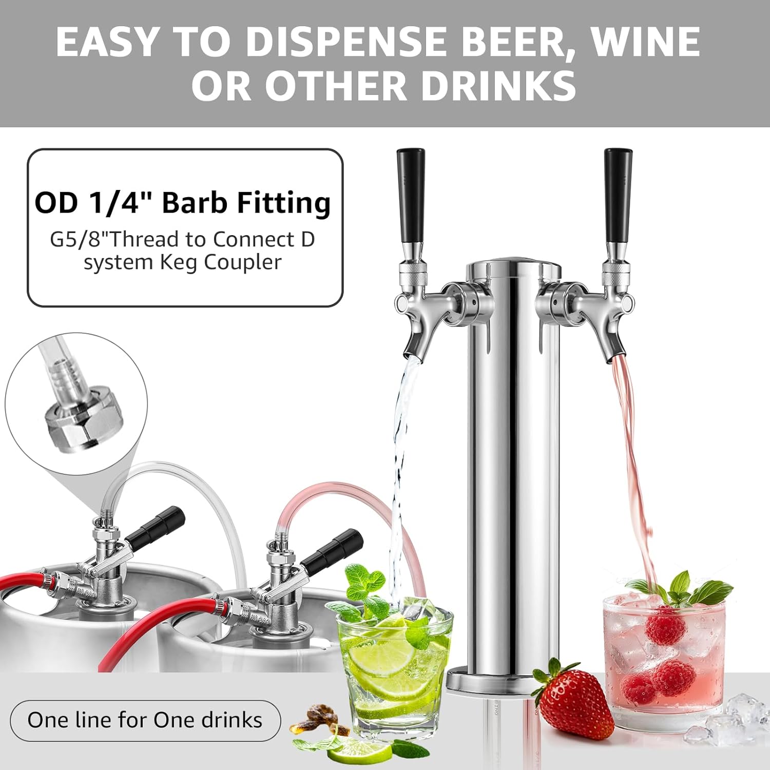 Dual Beer Tap Tower Dispenser with 1/4" Barb Fitting, Draft Kegerator Tap Tower Keg Tower Stainless Brass Core Self-Closing Beer Faucet Brewing Tower Dispenser with Pre-assembled Lines Kit