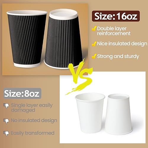 Miniatura 4 de EBOOT Paquete de 200 tazas de café de papel desechables con aislamiento de papel de estraza ondulada, tazas de café a granel, bebidas calientes,