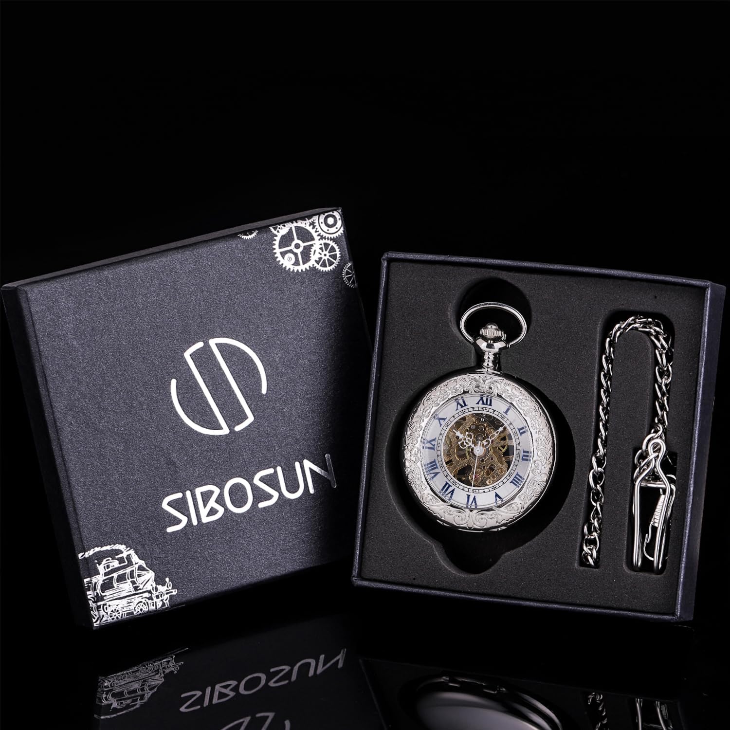 SIBOSUN Pocket Watch Mechanical Skeleton Antique Men Bronze Roman Numerals Hand Wind