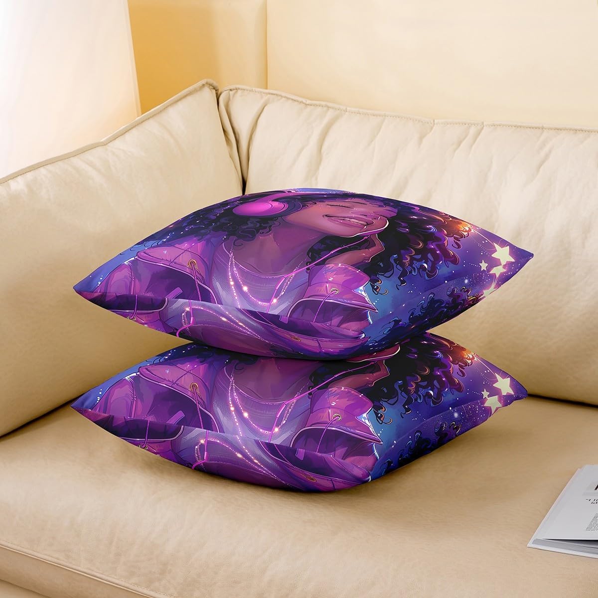 Castle Fairy Music Girl Throw Pillow Covers 18"x18" Set of 2 American Style Hip Hop Cushion Covers for Couch Sofa Stars Headset Dreamy Decorative Pillowcases Black Purple Outdoor Pillows Covers image 3