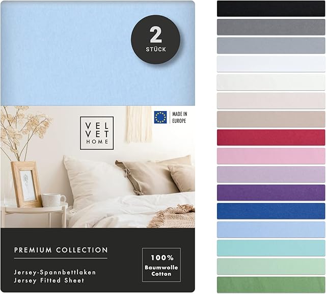 VelvetHome 2szt Prześcieradło z gumką 90x200cm | 100% Bawełna czesana | Made in EU | 165gsm | 2X Jersey | Jakość Premium | Błękitny | 90 x 200 +30