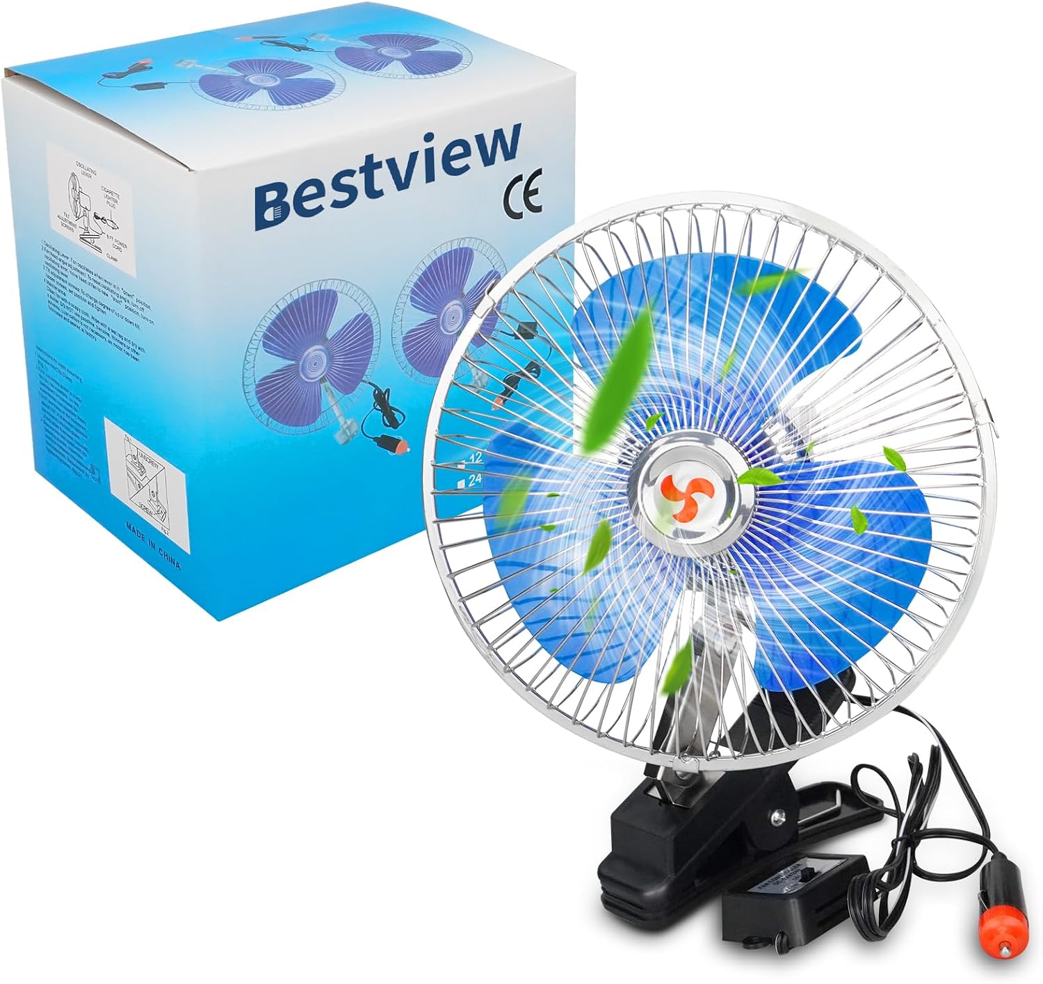 Bestview 12V Car Fan, 8-Inch Clip on Vehicle Fan with 2-Speed Switch, 360° Rotatable Cigarette Lighter Plug Cooling Fan for Truck, SUV, RV, Van, Golf Cart