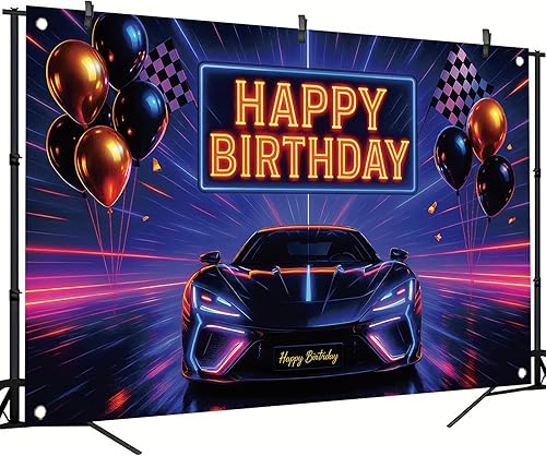Vista 3 de Telón de fondo de auto de carreras con texto en inglés «Happy Birthday» para automóvil deportivo, bandera de neón a cuadros negros y blancos