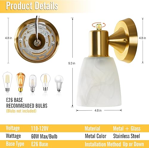 Miniatura 2 de Juego de 2 apliques de pared, luces doradas de tocador para baño, accesorios de luz de pared modernos con interruptor giratorio, lámpara de montaje