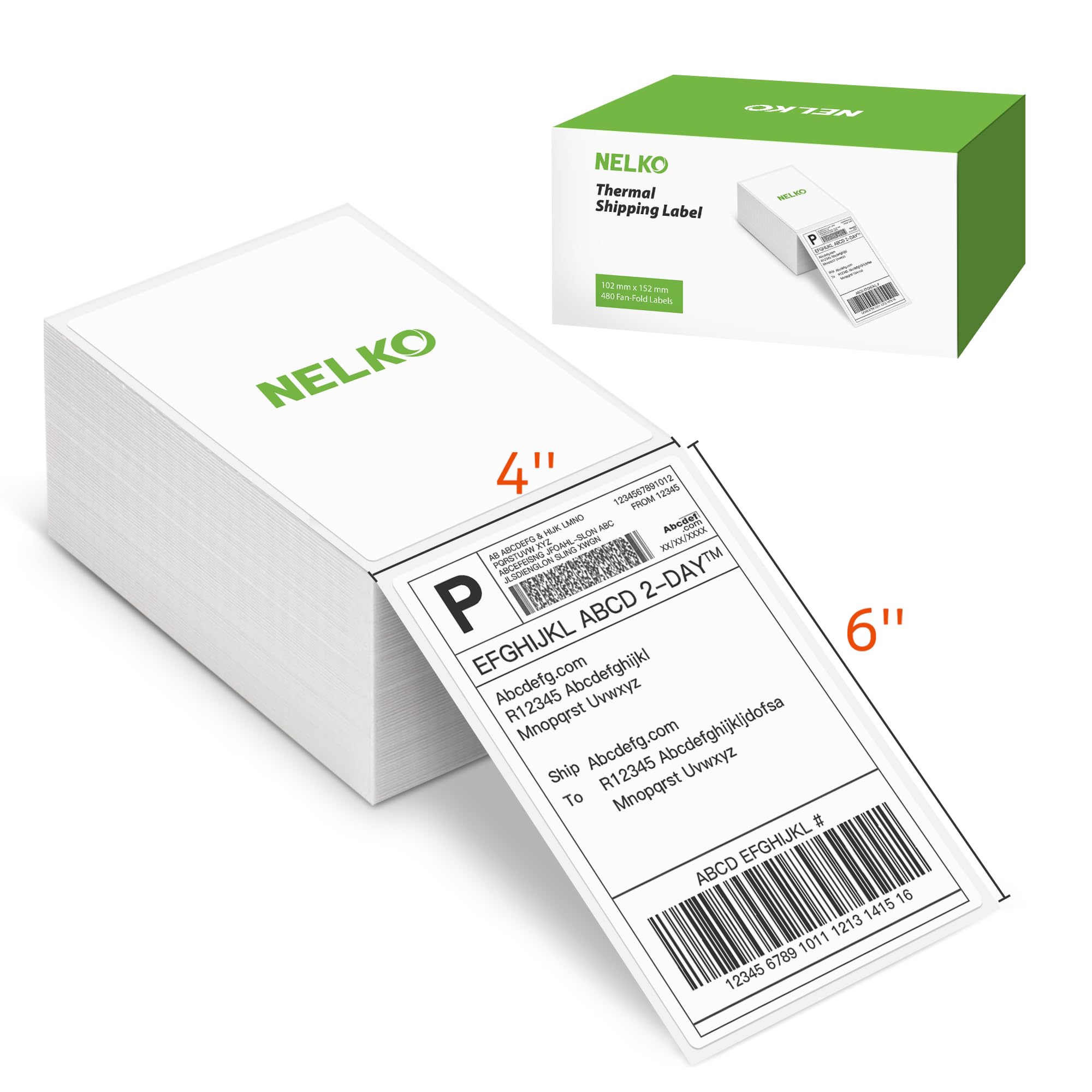 Nelko Genuine 4x6 Direct Thermal Shipping Labels, 480 Labels/2 Stacks, Compatible with Nelko PL70E, Perforated, Strong Adhesive, Commercial Grade