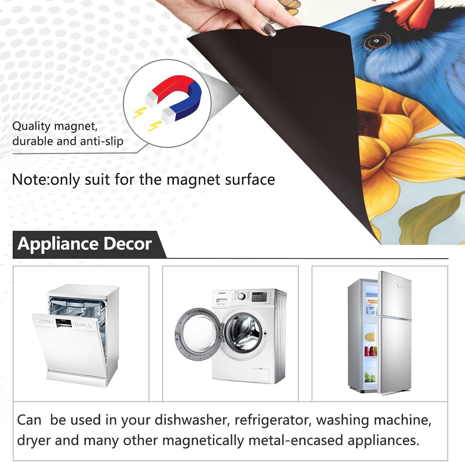 Dishwasher Magnet Cover Front Door Red and Blue Birds Yellow Sunflowers Butterfly Decorative Refrigerator Covers Magnetic Sheet Sticker Wash Machine Fridge Panel Decal for Kitchen Appliance 23x26 in image 2