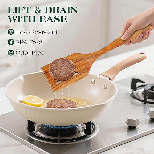 Miniatura 3 de Bkiok Espátula ranurada de madera para cocinar, espátula plana de madera de teca hecha a mano para utensilios de cocina antiadherentes