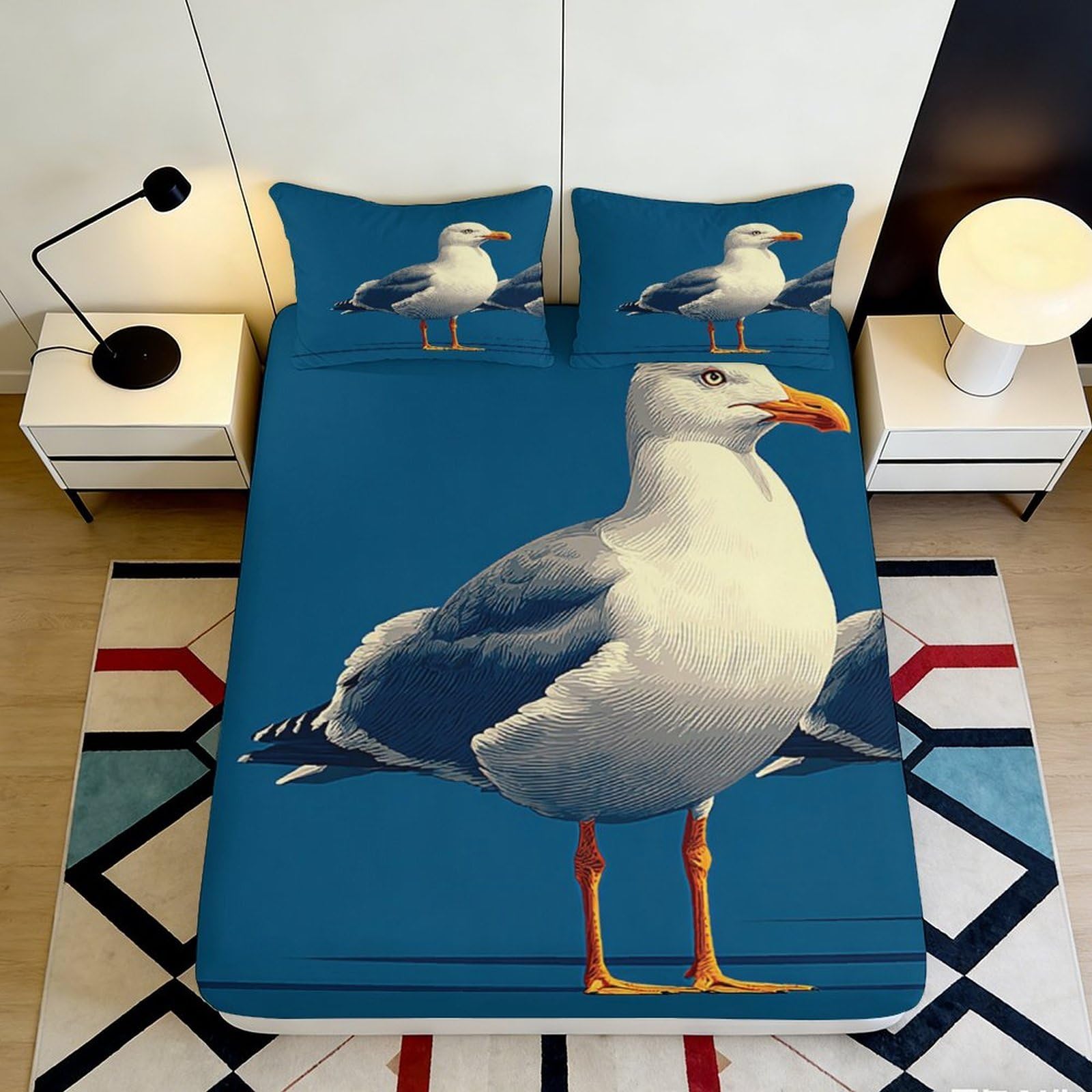3D Printed Seagull Ocean View Fitted Sheet Microfiber Soft Blue Coastal Mattress Cover for Bedroom Guest Room Decor 90x200x25cm