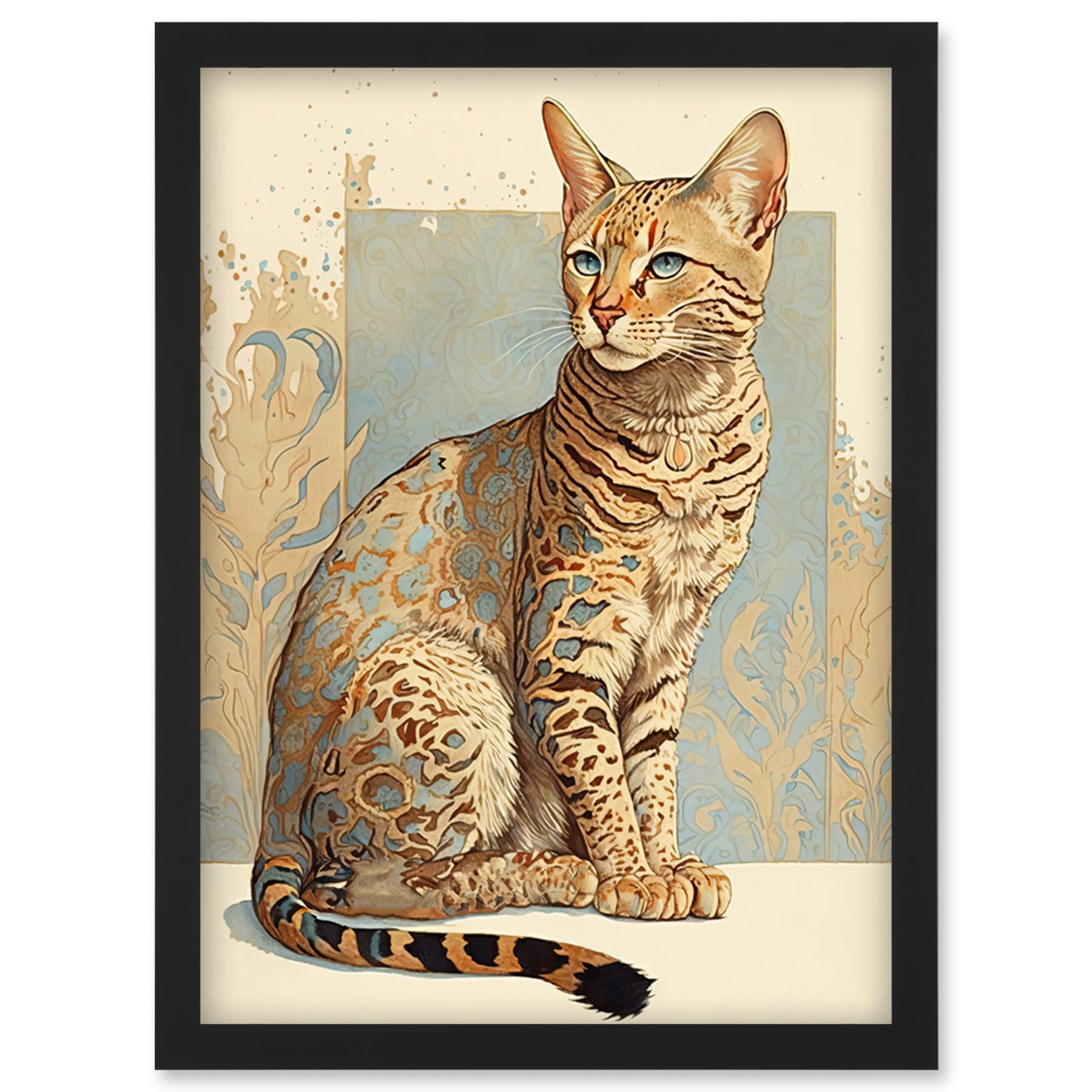 Artery8 Ocicat Cat with Turquoise Rosette Pattern Fur Modern Watercolour Illustration Artwork Framed Wall Art Print A4