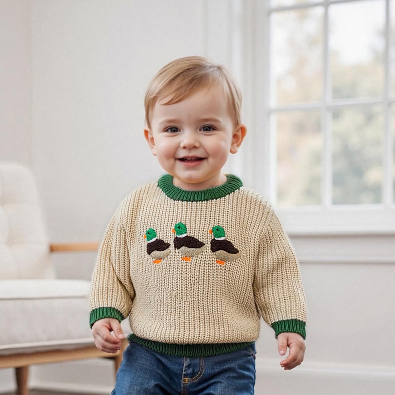 Toddler Baby Boy Knit Sweater Mallard Duck Long Sleeve Knitted Sweatshirt Warm Fall Winter Hunting Clothes