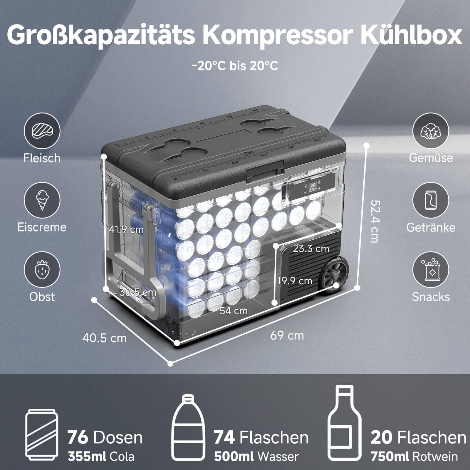 AAOBOSI 55L Kompressor Kühlbox, APP, LED, -20°C bis 20°C, 12/24V & 100-240V, mit Rädern