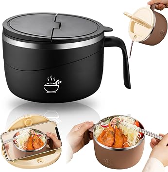 304 Stainless Steel Multi-Purpose Anti-Scald Large-Capacity Instant Noodle Bowl, 1200ml Double-Layer Thermal Insulation Instant Noodle Bowl, Leak Proof Pasta Bowls Lunch Box for Kitchen Black