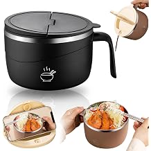 304 Stainless Steel Multi-Purpose Anti-Scald Large-Capacity Instant Noodle Bowl, 1200ml Double-Layer Thermal Insulation Instant Noodle Bowl, Leak Proof Pasta Bowls Lunch Box for Kitchen Black