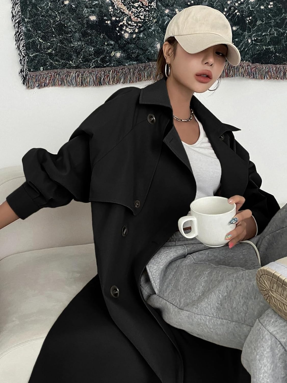 Women's Winter Fashion Raglan Sleeve Double Breasted Trench Coat Trench Coat