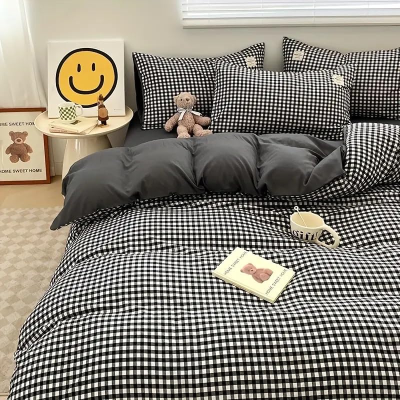 Gingham Duvet Cover Queen Size 3pcs Black White Plaid Checkered Comforter Cover Modern Farmhouse Grid Reversible Bedding Set Soft Breathable Washed Microfiber Duvet Covers with Zipper Ties