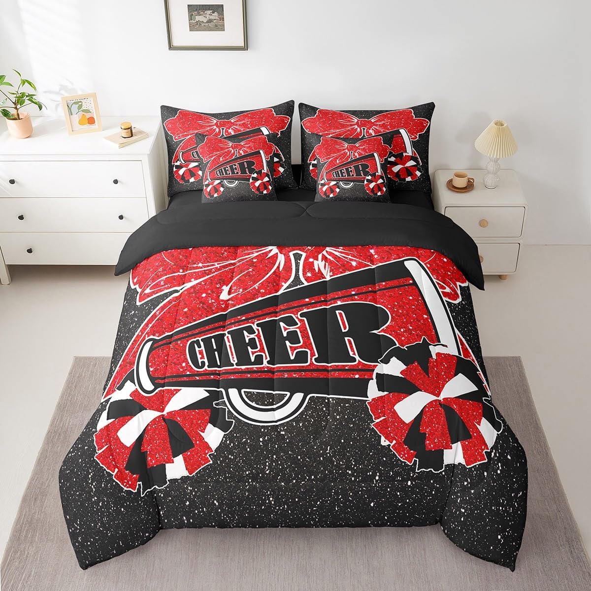 Cheerleading Bedding Comforter Sets 7 Pieces for Girls Red Bow Bed in a Bag, Glitter Sequin Print Full Bedding Sets Psychedelic Stars Comforter Set, Dance Cheer Squad Bedding Sets Room Decor Red Full image 2 of 7 B0DGT5GZWL
