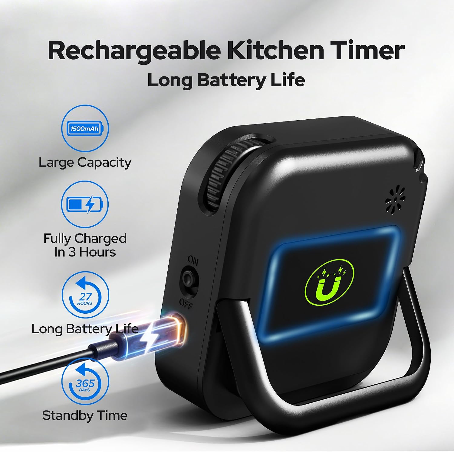 Visual Timer for Kids with Color Display Kitchen Timer 1500mAh Battery | Memory Function Scroll Wheel Control, Magnetic Back with Stand, Up to 12h59m Countdown, Kitchen, Study & Classroom