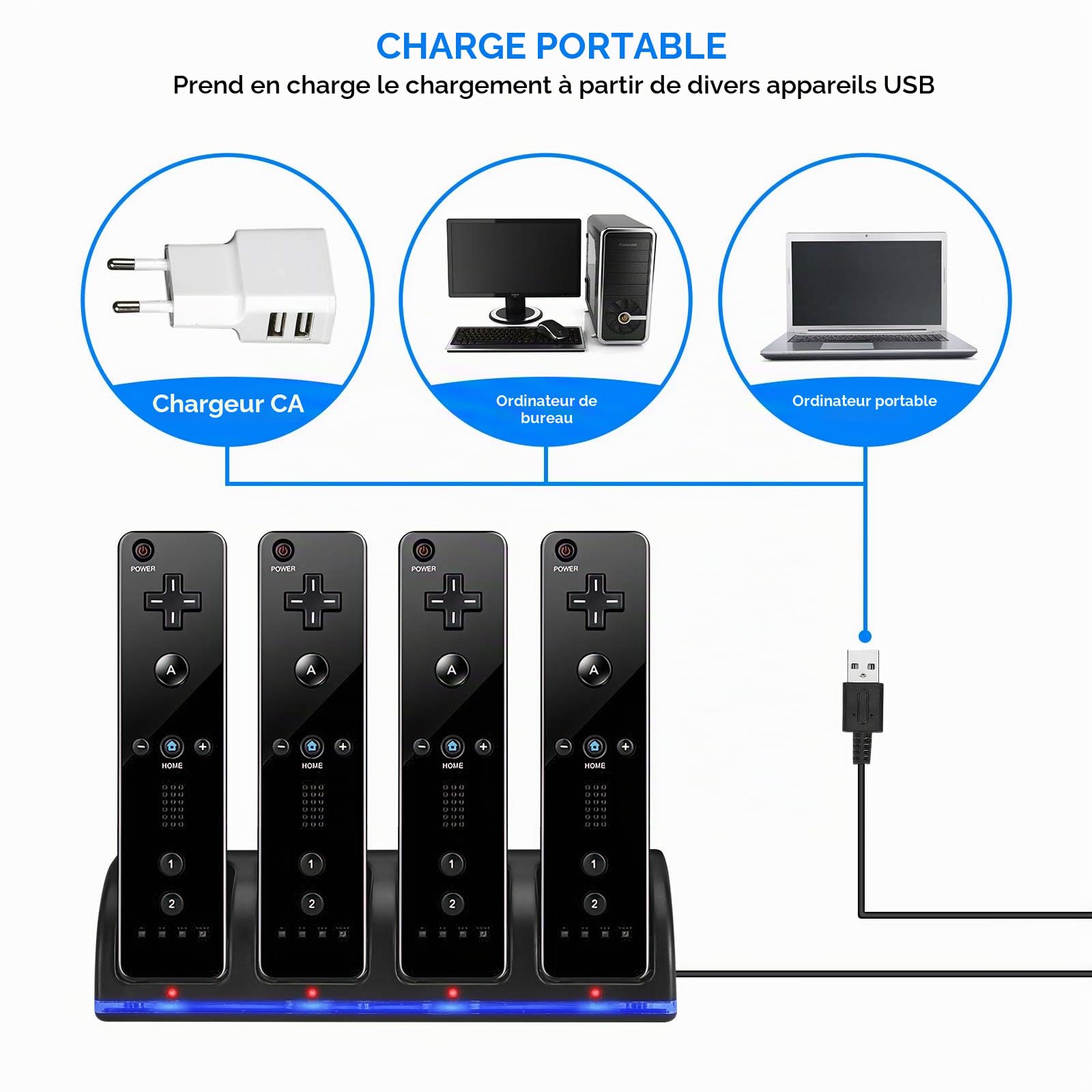 Station de Chargeur de Contrôleur Wii, Station de Chargeur de Contrôleur 4 en 1 avec Batterie Rechargeable 4 Pièces 2800mAh pour Télécommande de Jeu Wii / Wii U