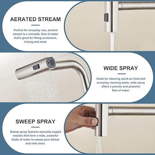Miniatura 2 de AVSIILE Grifo de cocina con rociador extraíble, níquel cepillado con mango de cascada de un solo orificio, grifos de fregadero de cocina de acero
