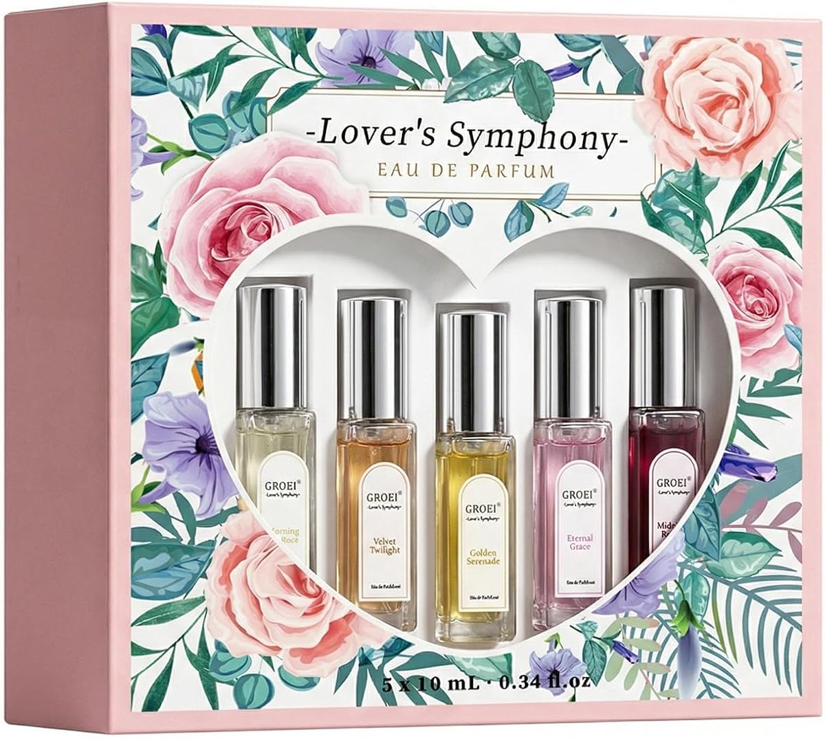 Set de eau de parfum Lover's Symphony de 5 piezas - Perfume floral y afrutado | Juego de muestras de perfume para mujer, mini spray tamaño viaje, caja de regalo para vacaciones, cumpleaños, día de San Valentín