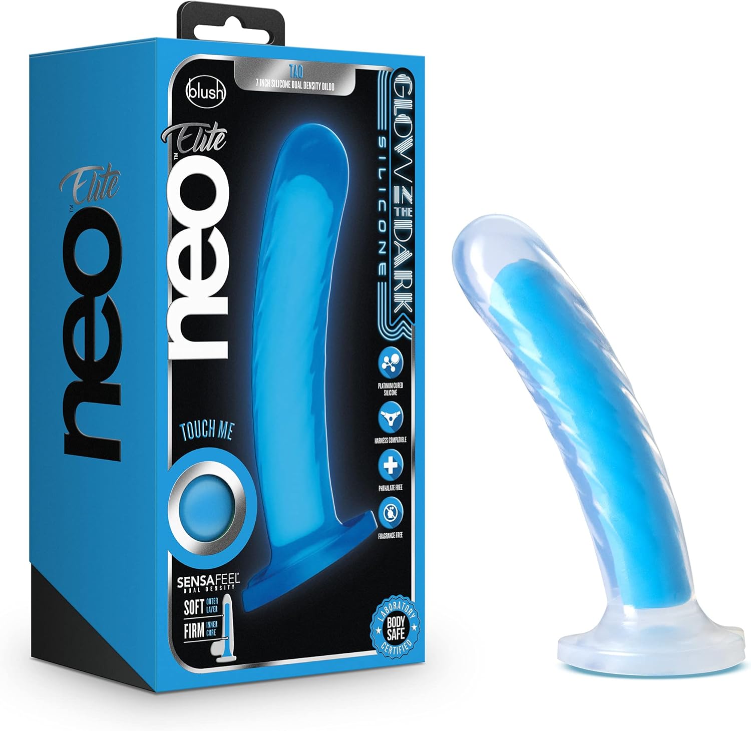 Blush Neo Elite Tao 7" Slim Dildo ~ Glow in The Dark Neon Blue ~ Dual Density Silicone 1.25" Wide Penis ~ Ultra Soft Suction Cup Strap-On Compatible Cock ~ Women & Couples Bedroom Play Adult Sex Toys