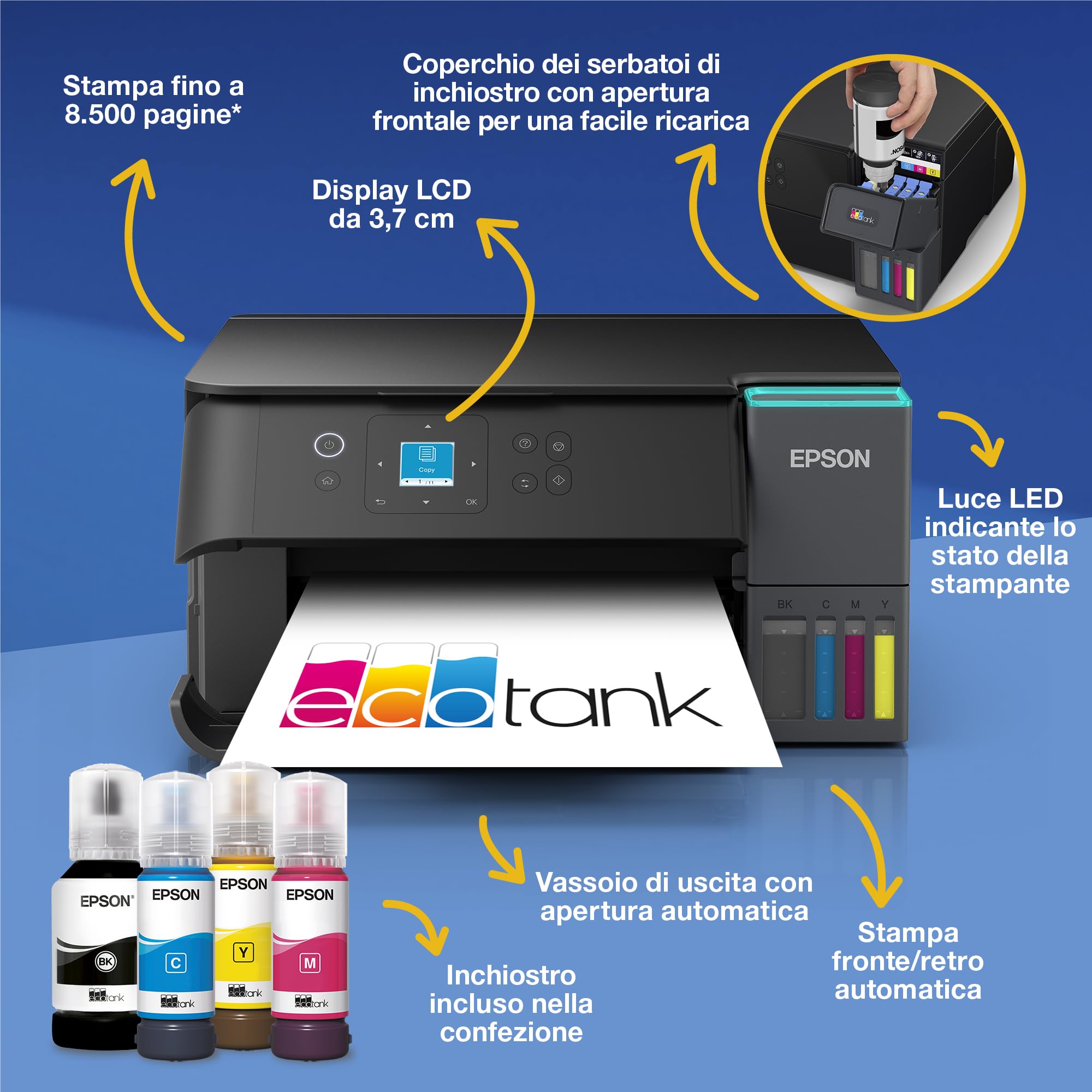 Epson EcoTank ET-2955 Stampante A4 Wi-Fi Stampa Copia Scansione Fronte/Retro Display LCD 3.7 cm 3 Anni Inchiostro Inclusi