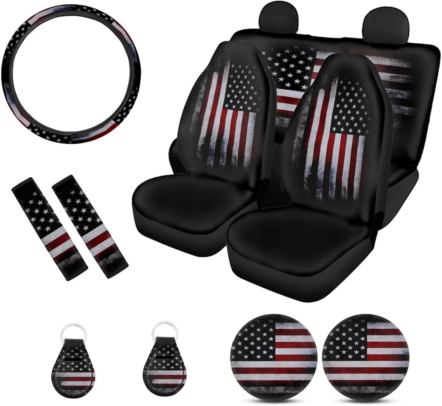 Xoenoiee 11 Pack Retro American Flag Universal Car Accessories Set with Front Seat Cover Rear Split Bench Seats Cover for Cars, Seat Belt Pads, Steering Wheel Cover, Coasters, Keyrings