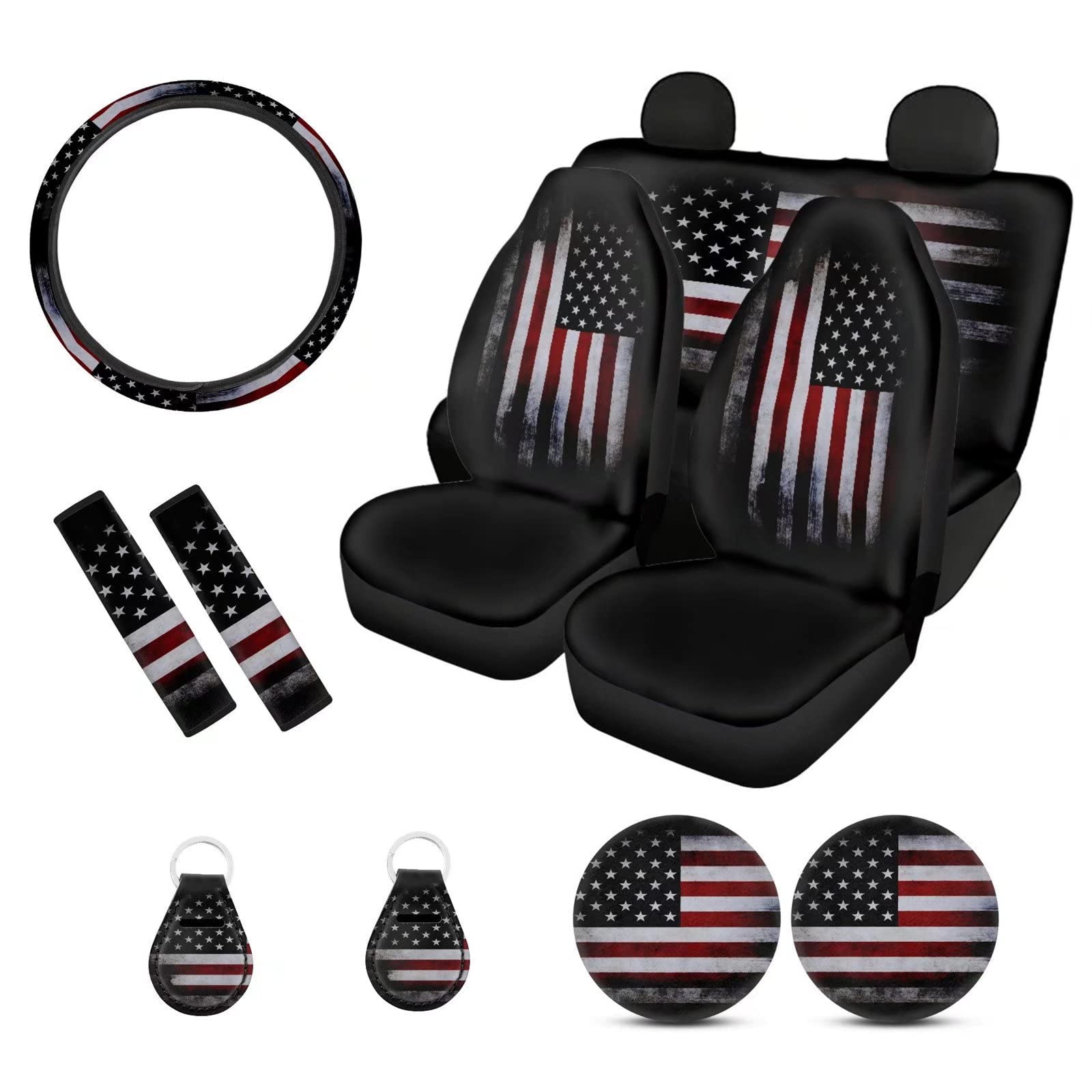 Xoenoiee 11 Pack Retro American Flag Universal Car Accessories Set with Front Seat Cover Rear Split Bench Seats Cover for Cars, Seat Belt Pads,