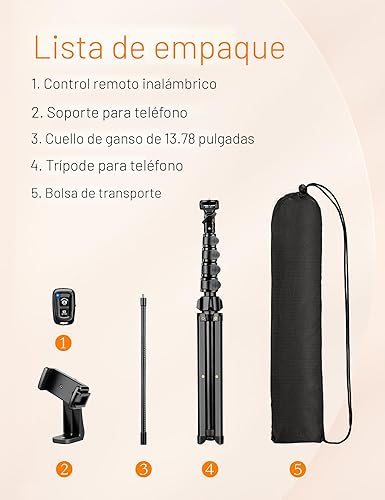 Miniatura 8 de Trípode para teléfono, trípode de 86 pulgadas de alto para iPhone con cuello de cisne flexible y control remoto, soporte de aluminio portátil