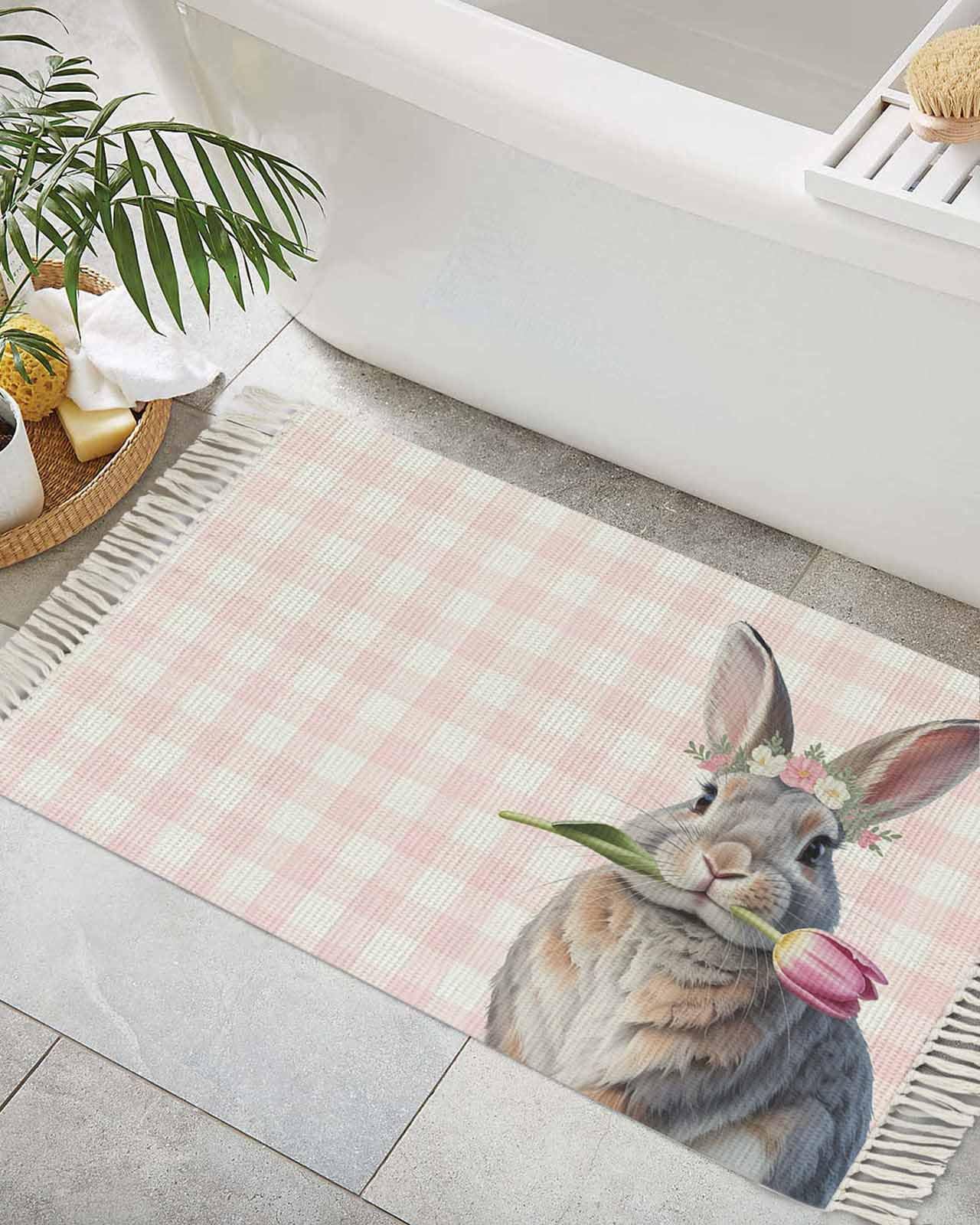 RisQiten 2'x3' Bathroom Rug, Pink Easter Bunny Washable Reversible Indoor/Outdoor Small Floor Mat with Tassel, Spring Floral Tulip Pink Plaid