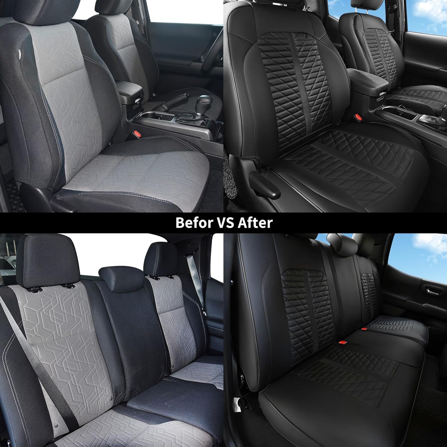 Car Seat Covers Fit for Toyota Tacoma 2016-2023 3rd Gen Double & Crew Cab SR SR5 Limited TRD Sport/Pro/Off Road Full Set,Waterproof Breathable Leather Full Coverage (Black)