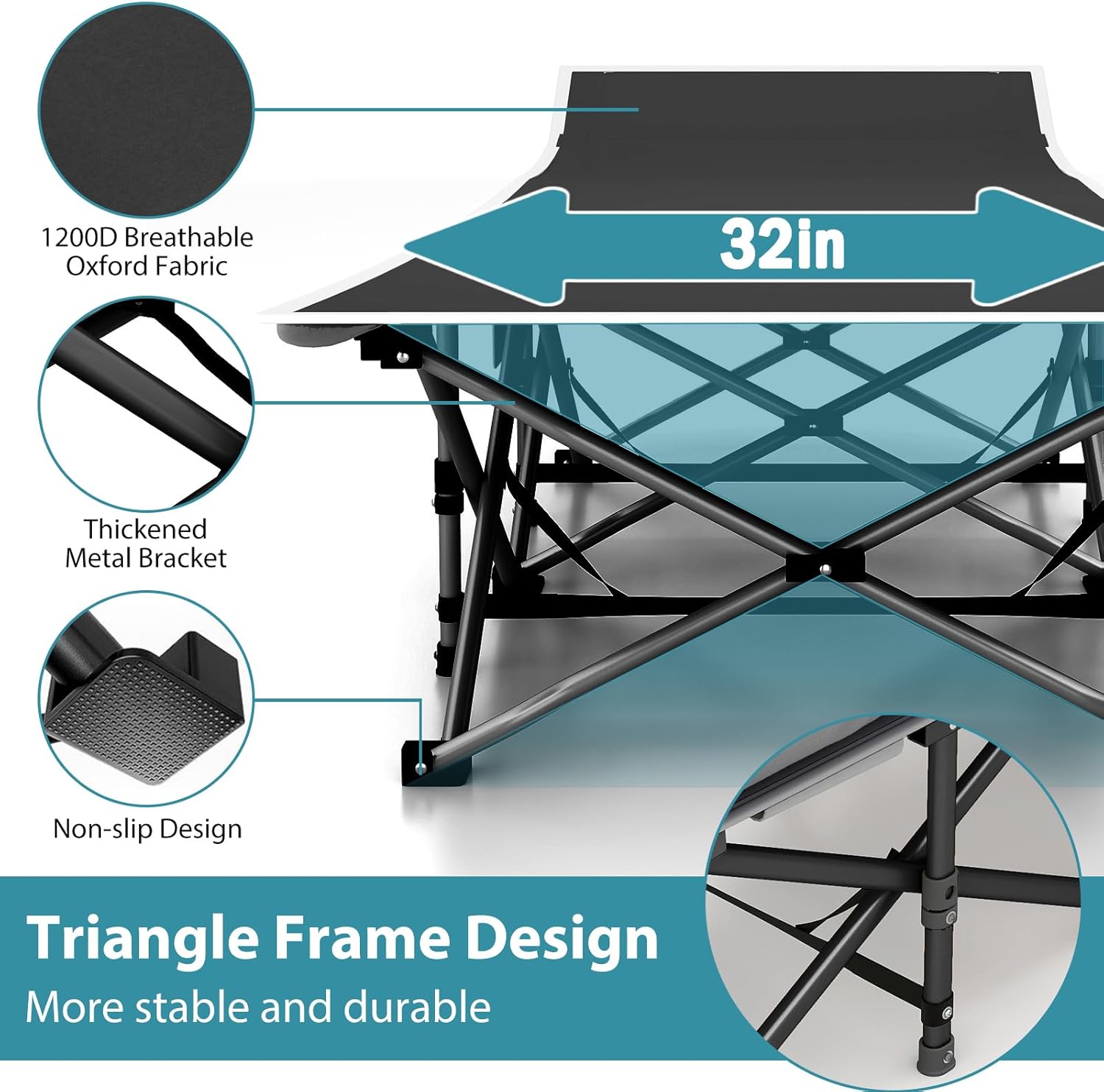 Folding Camping Cot XL for Adults 600LBS(Max Load) Heavy Duty Sleeping Cots with Mattress, Carry Bag, 1200D Double Layer Oxford Portable Camp Cots for Home Office Outdoor (Black, 1 Pack)
