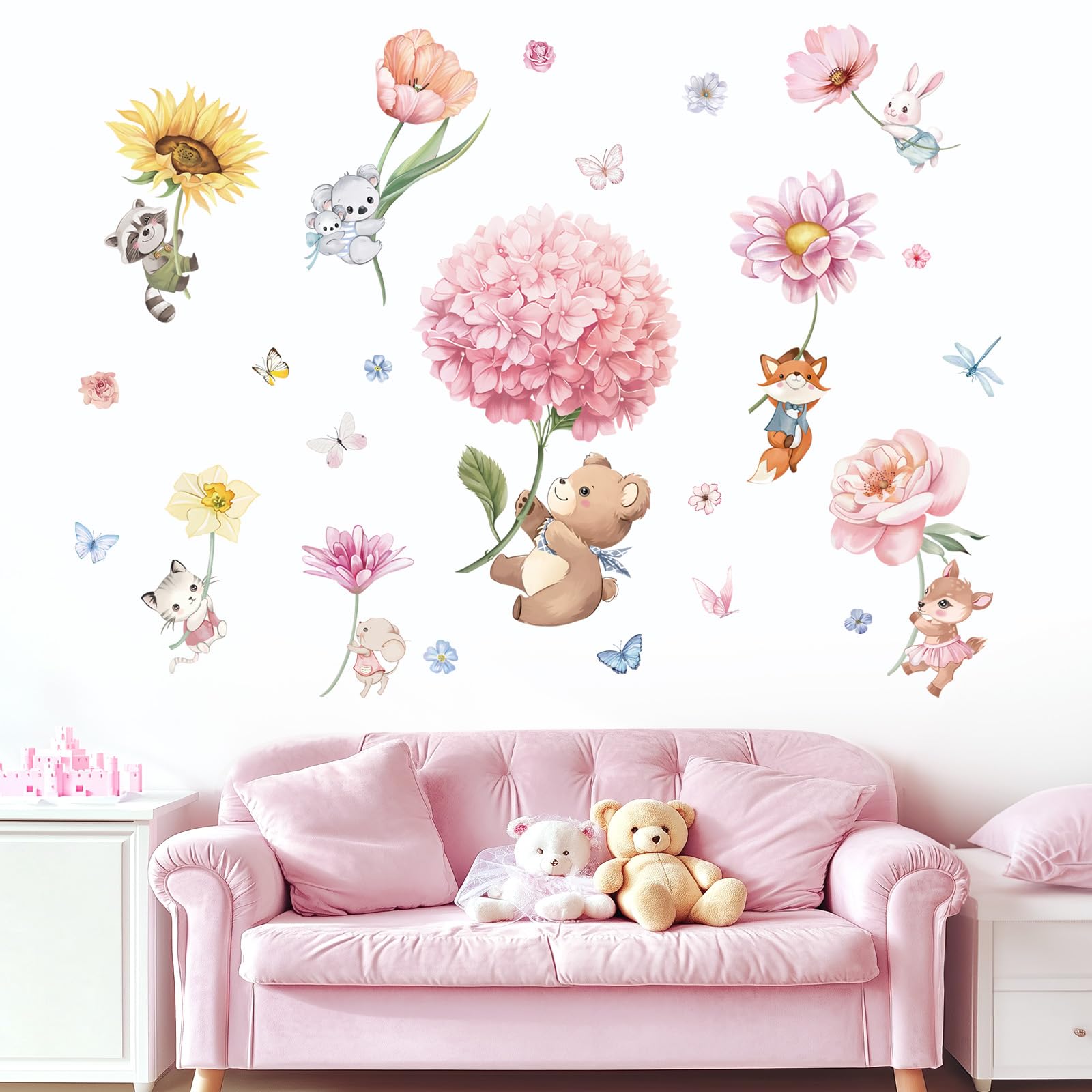 FUFUQUARE Pink Floral Cartoon Animal Wall Stickers, Bear Fox Rabbit Holding Hydrangea Sunflower Peel and Stick Removable Decals for Baby Nursery Girls Room Bedroom