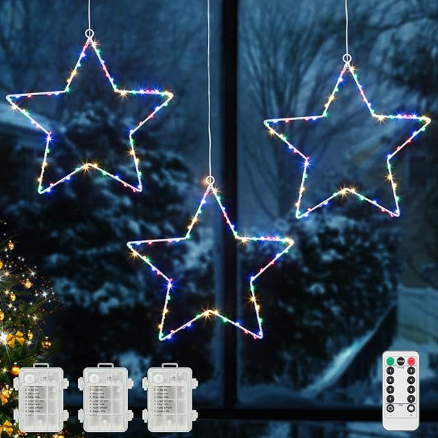 Litake Christmas Window Star Lights 32*20cm, 3 Pack 60 LED Multicolour Star Lights, 8 Modes Battery Operated Window Lights with Remote Control, Decoration Window Lights Indoor for Xmas Holiday