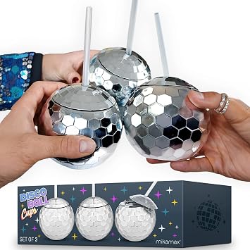 mikamax Disco Ball Cups Set of 3, 600 ml, Disco Ball, Mirror Ball, Drinking Cup with Straw, Reusable Straws, with Lid