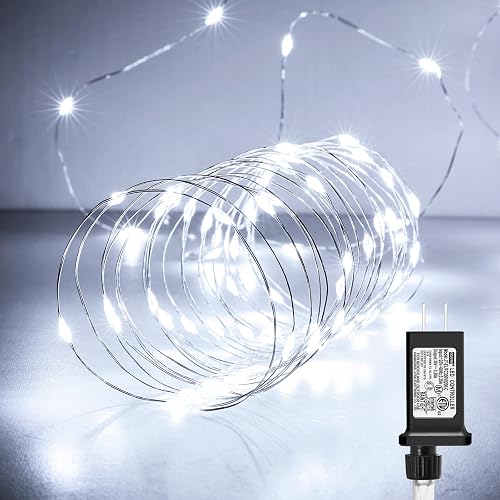 Luces de hadas enchufables de 100 pies, 300 luces LED impermeables de luciérnaga en cable plateado, adaptador UL incluido cadena de luces