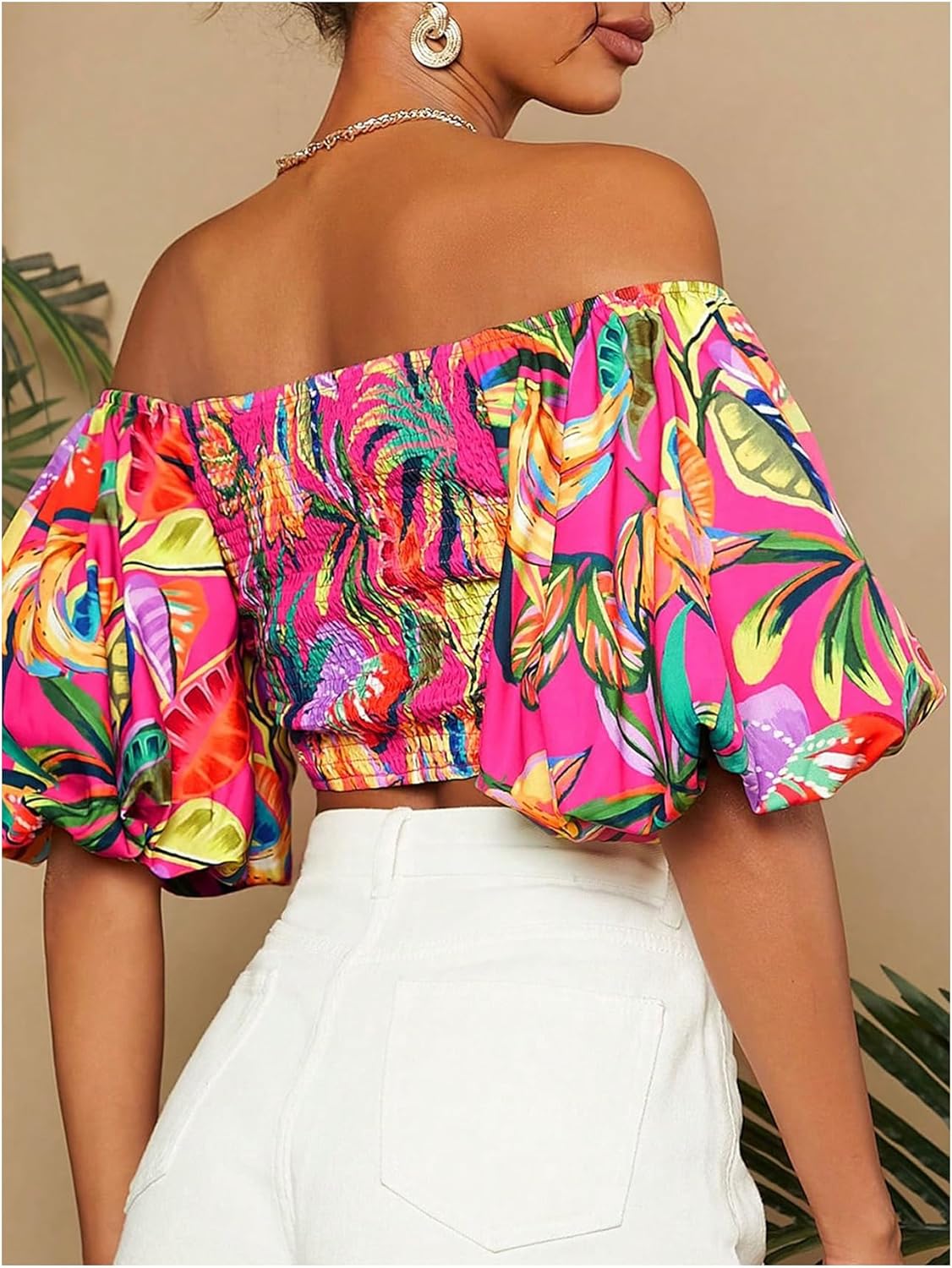 SweatyRocks Women's Off Shoulder Boho Tropical Print Bishop Short Sleeve Crop Blouses Vacation Tops - Image 2