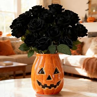24Pcs Black Roses Artificial Flowers, Black Flowers with Stems for Halloween Floral Arrangements, Fake Velvet Silk Roses in Bulk for Centerpiece Funeral Gothic Wedding Party Home Decor (24, Black)