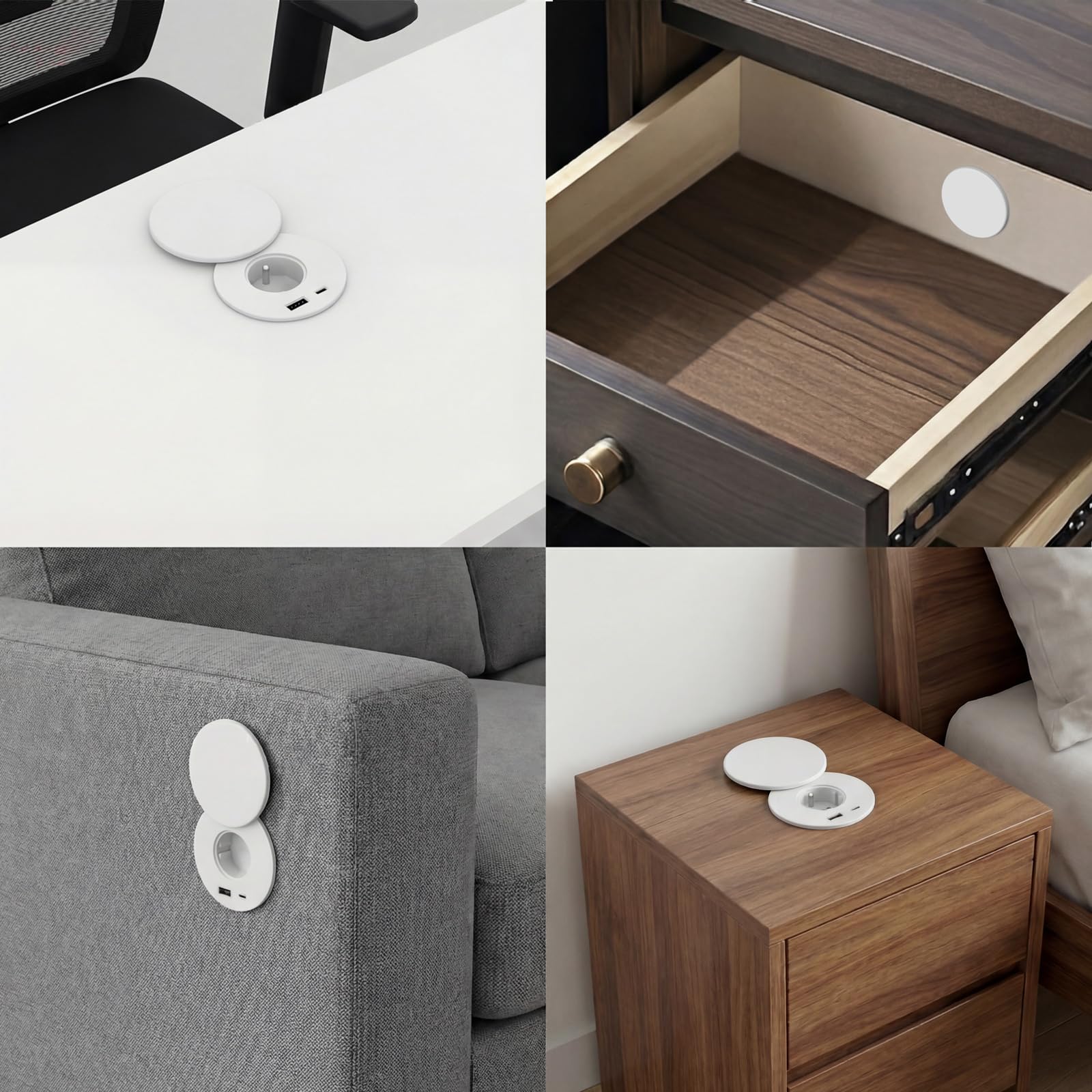 Presa da incasso, multipresa da incasso, con 1 presa, 1 porta USB C, 1 porta USB A, 80 mm di diametro, 1,5 m di cavo, presa da scrivania per cucina, ufficio, mobili, bianco