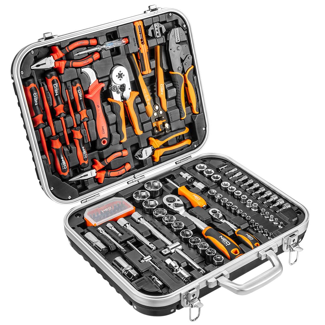 NEO TOOLS Walizka dla elektryków, 108-częściowa, kompletna walizka z szeregiem najbardziej przydatnych elektronarzędzi, w tym zestaw kluczy nasadowych