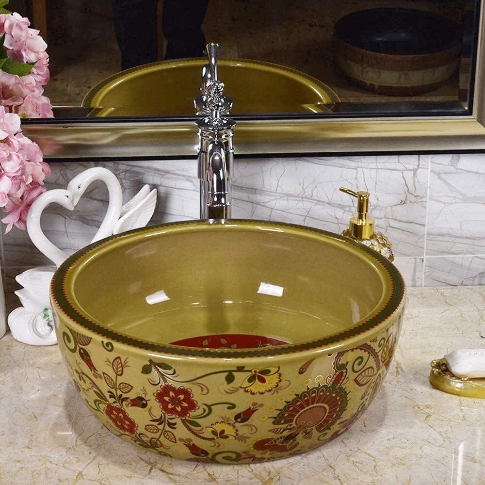 Szafka Pod Umywalkę Z Umywalką, Umywalka Łazienkowa Nablatowa, Okrągła Ceramiczna Umywalka Łazienkowa Nablatowa W Stylu Vintage, Porcelanowa Miska Nablatowa