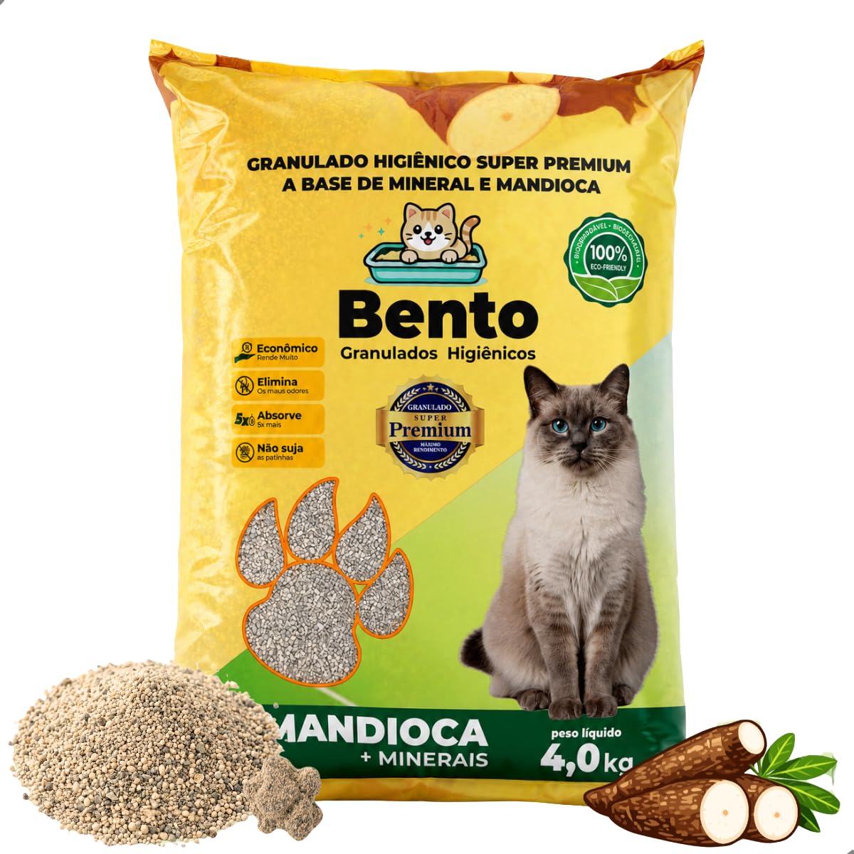 Areia Sanitária Higiênica para Gatos Biodegradável Mandioca e Bentonita 100% Natural