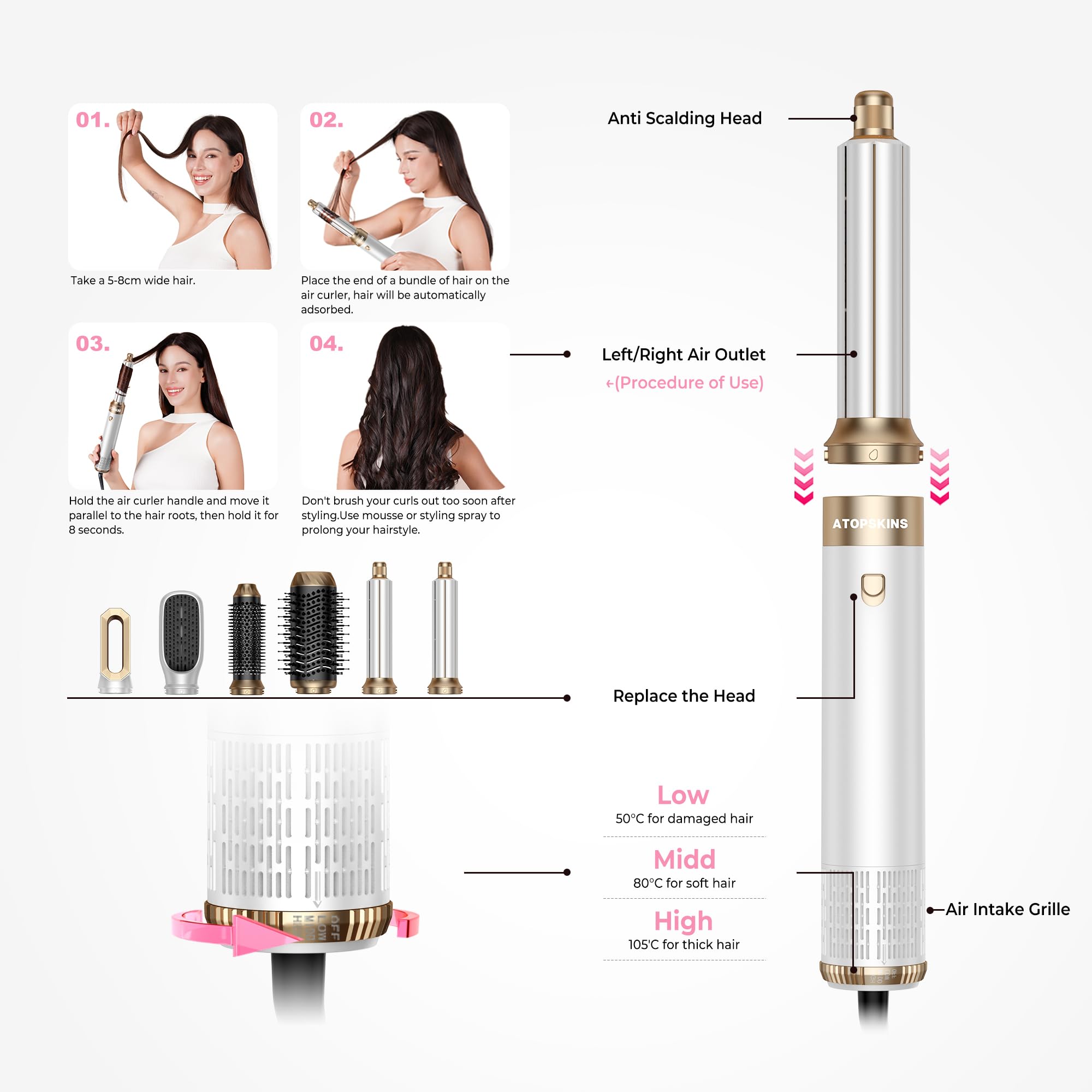 Atopskins Hairstyler 6 in 1 Airbrush Haarstyler Pro Air Styler mit Haartrockner, Auto-Hair Wrap, Warmluftbürste, Föhnbürste, Rundbürstenföhn, Geben Sie dem Haar Volumen, Glätten, Locken und Föhnen