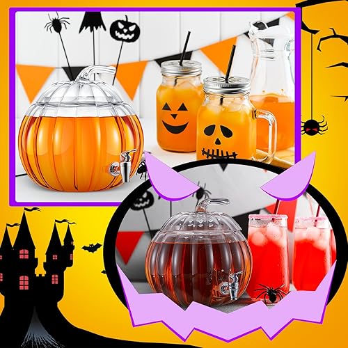 Miniatura 6 de Uiifan Paquete de 2 dispensadores de bebidas de calabaza de Halloween de 2 galones, dispensador de bebidas de vidrio con espita transparente en