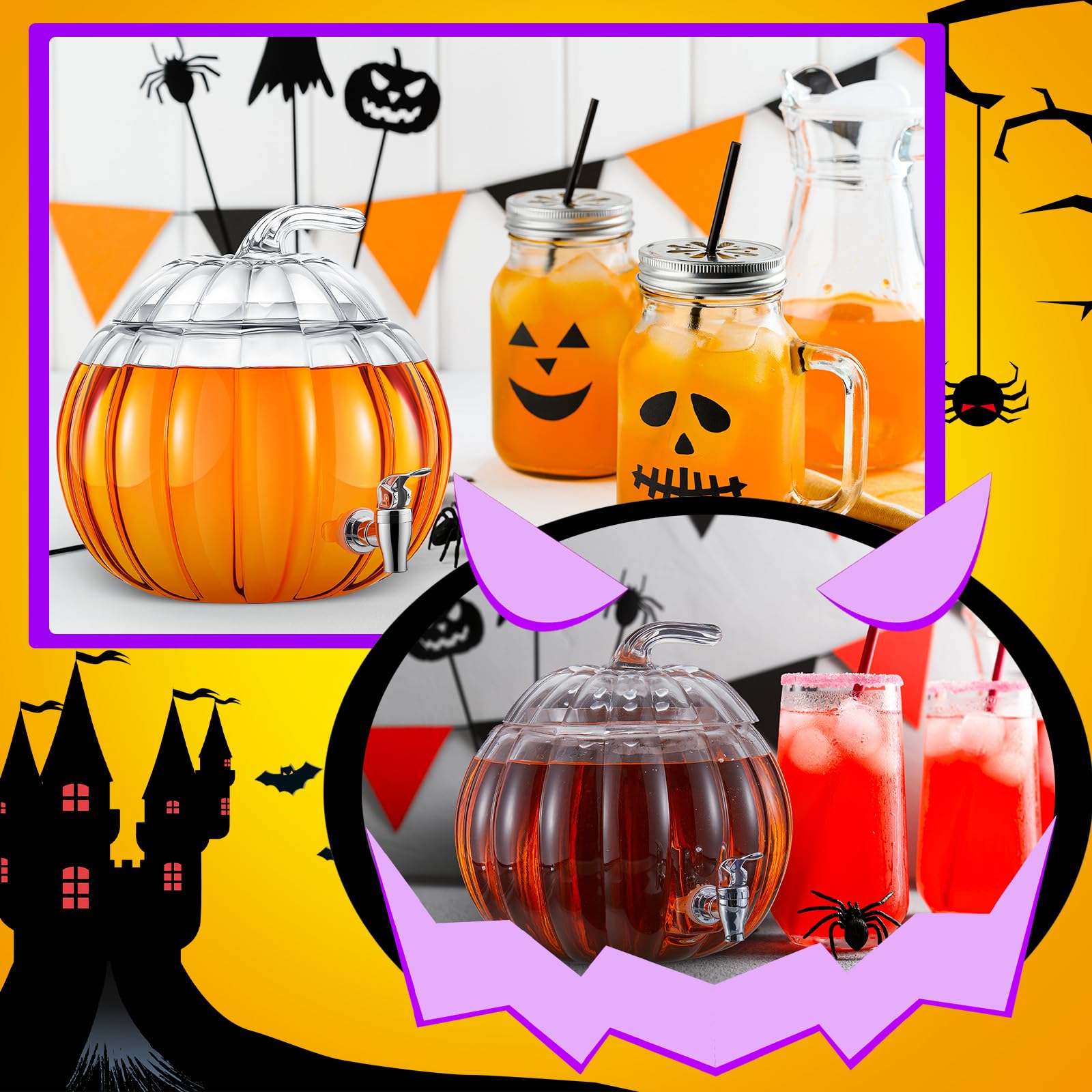 Uiifan Confezione da 1 dispenser per bevande in vetro a forma di zucca da 5 litri, per autunno, Halloween, festa del Ringraziamento, dispenser per bevande con beccuccio, ciotola per punch a zucca per