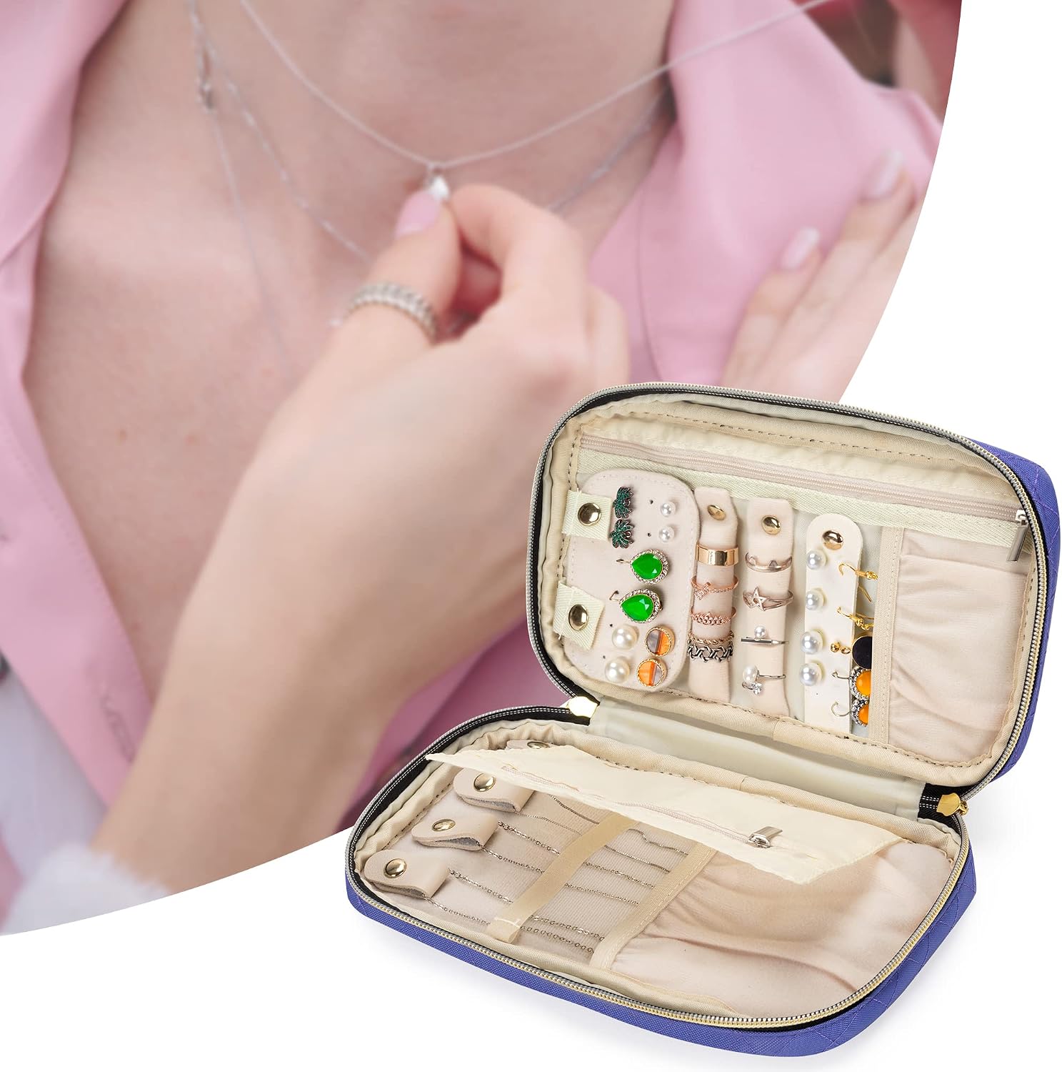Teamoy Travel Jewelry Case for Women,Jewelry Storage Organizer for Necklace, Earrings, Bracelet, Purple